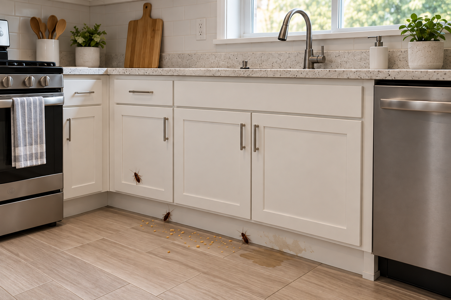 Before Cockroach Treatment: Visible roach activity in kitchen cabinets and floor
